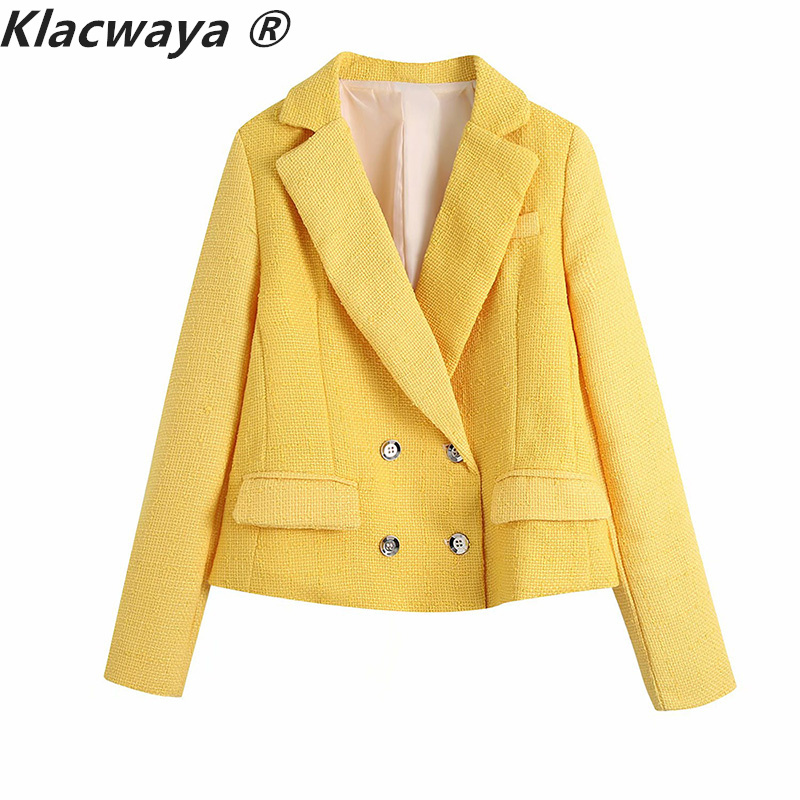 

Za Woman Blazer Yellow Cropped Long Sleeve Double Breasted Women's Elegant Sets Basic Outfit Coats 210521
