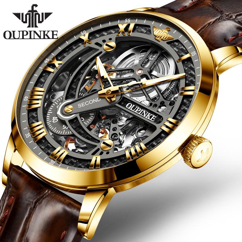 

Wristwatches Automatic Watch Men Skeleton 2021 OUPINKE Top Brand Sport Male Clock Luxury Men's Mechanical Watches For Montre Homme, Slivery;brown