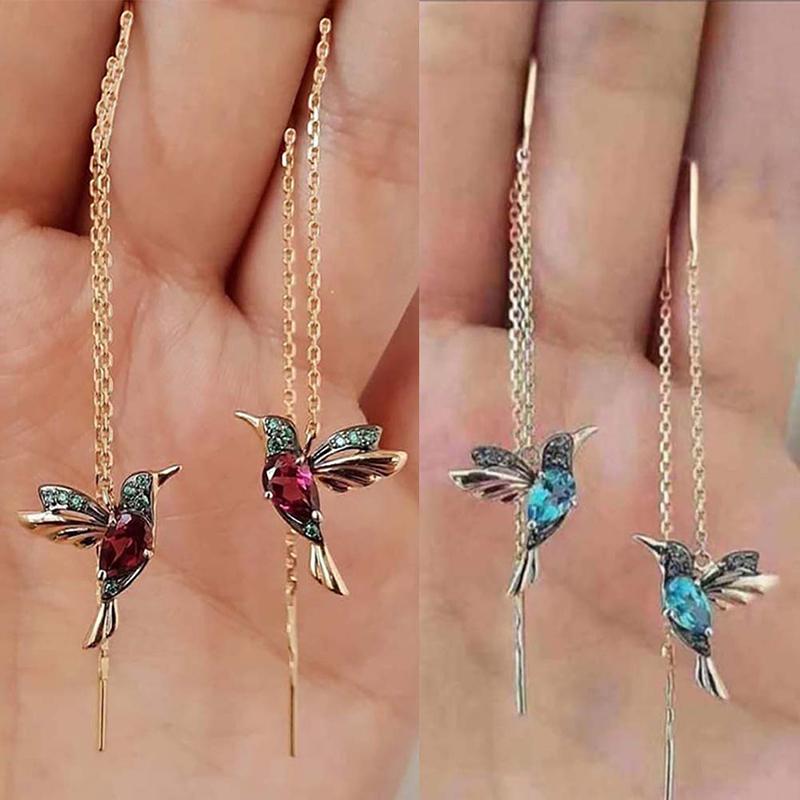 

Dangle & Chandelier 1 Pair Humming Bird Earrings For Women 2 Style Rhinestone Hummingbird Long Tassel Drop Trendy Jewelry, Silver