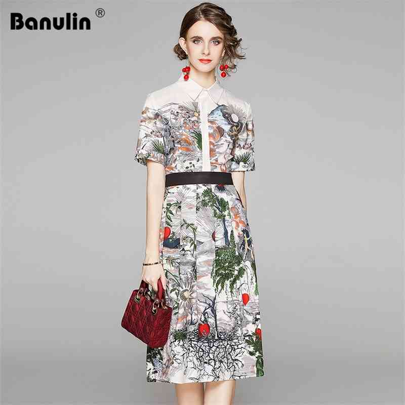 

Banulin Summer Runway Design Ink Painting Print Dresses Women High Street Animals Printed Vintage Shirt Dress 210603, The picture color