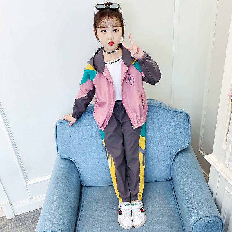 

Spring Autumn Kids Girls Kpop Sports Clothing Set Baby Colorblock Windbreaker Sportswear + Pants Youth School Uniform Tracksuit Sets, Green set-b