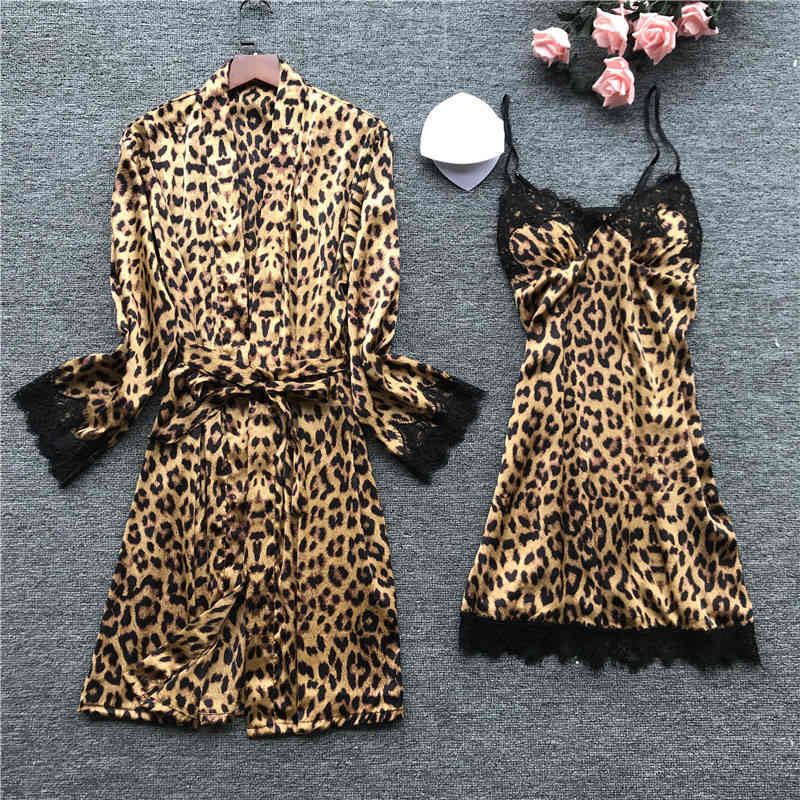 

Sexy Pyjamas Summer Leopard Print Lace Camisole Nightdress+Cardigan Twinset Robe Suit Long Sleeve Sleepwear 2YZX