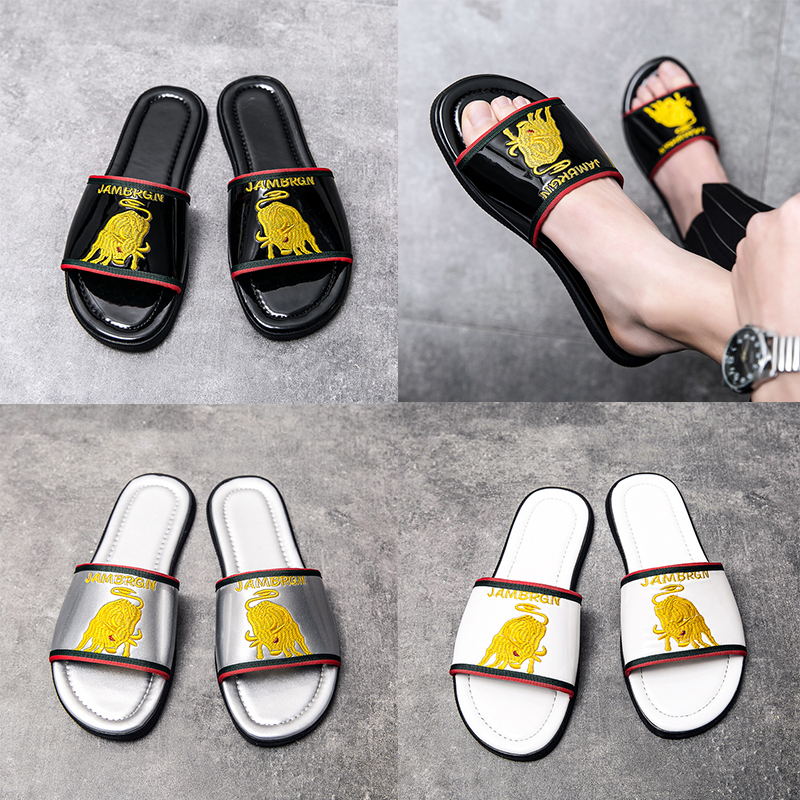 

Luxury Genuine Leather slipper Men Brand designer embroidery Rubber Slides Beach Flat Sandals Shiny Black white silver outdoor home Flip Flops