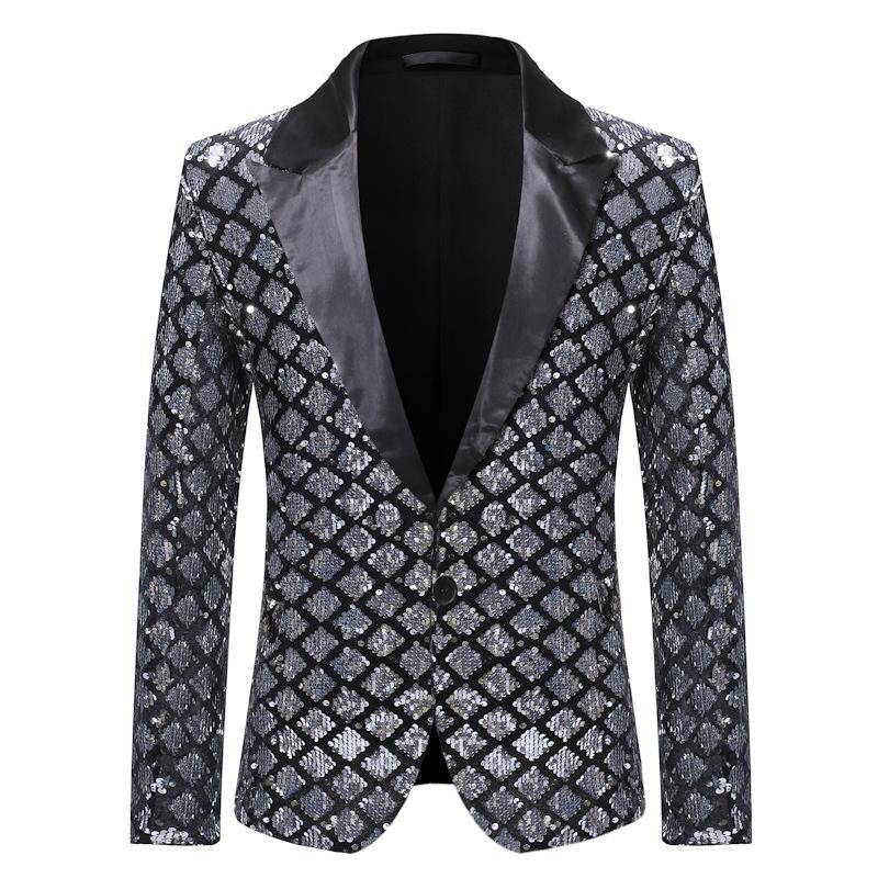 

Mens Sliver Sequins Plaid Suit Blazer Jacket Slim Fit One Button Men DJ Club Stage Singer Male Hombre, Black