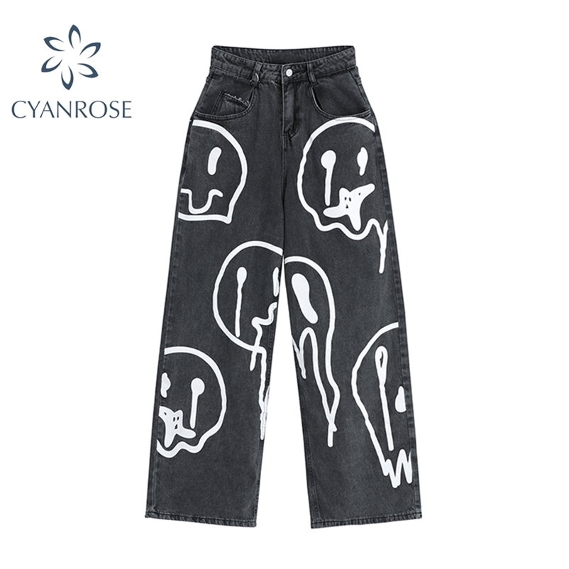 

Spring Fashion Ins Street Hip-hop Printing Wash Jeans Loose Casual Denim Wide Leg Pants Woman Long Trousers 210629, Black