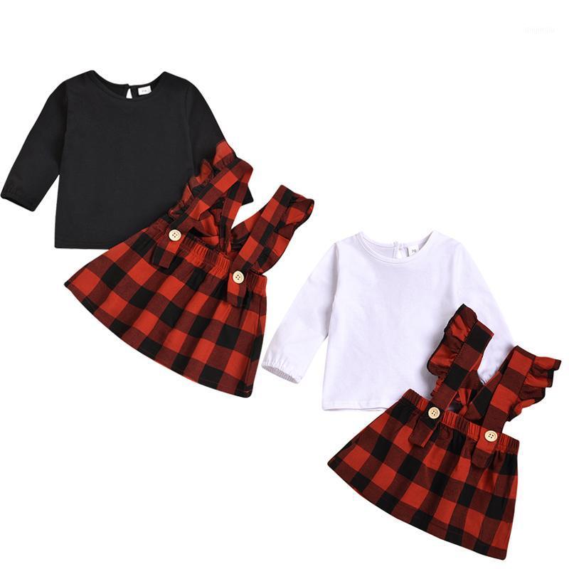 

0-3Years Toddler Baby Girls Clothes Solid Long Sleeve T-Shirt Top+Ruffle Suspender Plaid Skirts 2pcs Outfits Set Clothing Sets, White