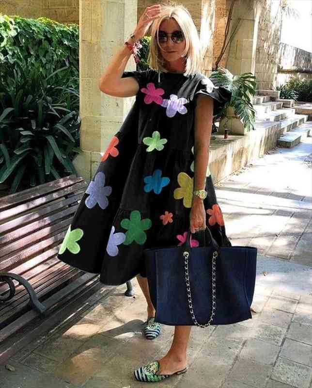 

women vintage floral print loose dress summer casual o-neck petal sleeve dress party plus size 2xl female vestidos, Black;gray