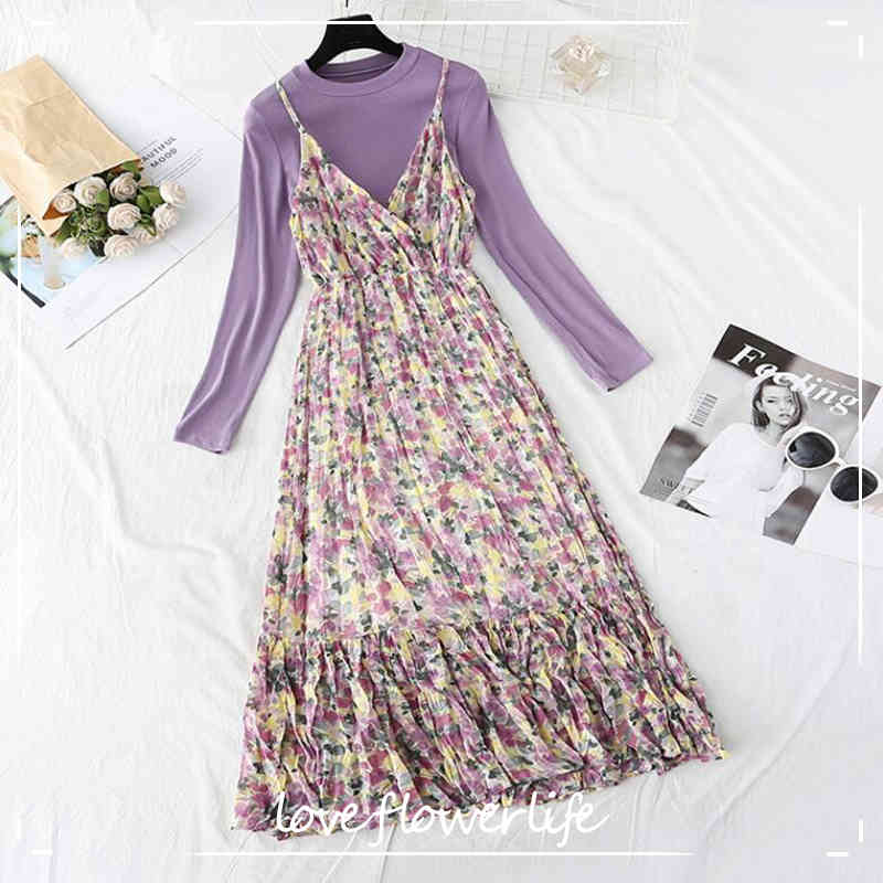 

Spring Summer Women Elegant Long Sleeve T-shirt + Sling Floral Chiffon Dress 2 Piece Set Ruffle Pleated Midi Dress Suit 210521, Purple