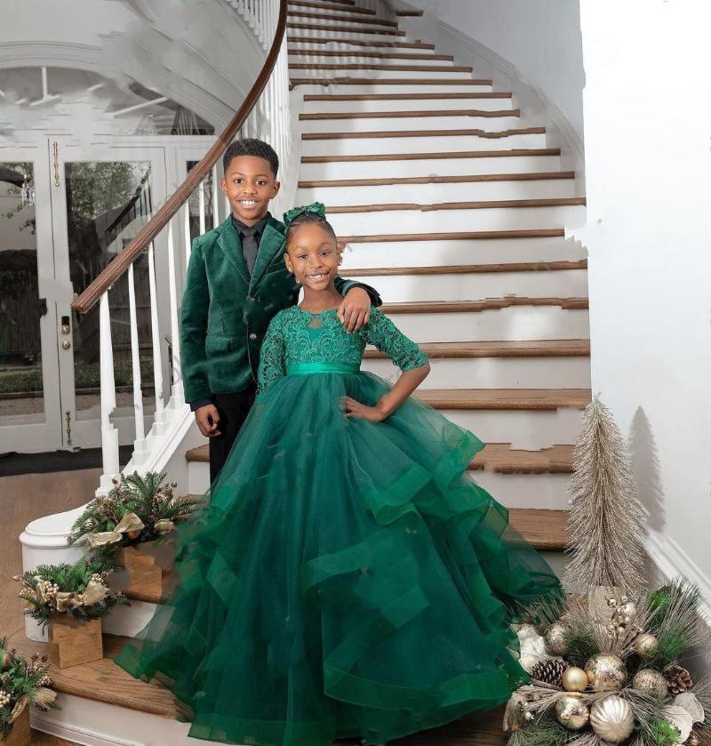

Girl's Dresses Teal Green Lace Flower Girls Dress For Weddings With Half Sleeve Ball Gown Ruffles Formal Kids Birthday Party Vestidos, Red;yellow
