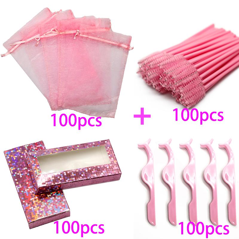 

False Eyelashes 50/100pcs 4 In 1 Bulk Eyelash Packaging Bag Shining Glitter Color Pink Box With Brushes And Lash Tweezers