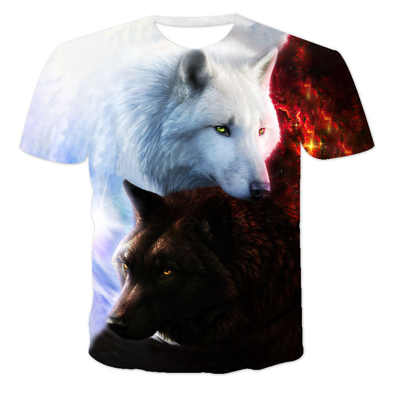 

2021 fashion summer street style t-shirt jungle wolf 3d printed boys and girls sports short sve t-shirt syi, White;black
