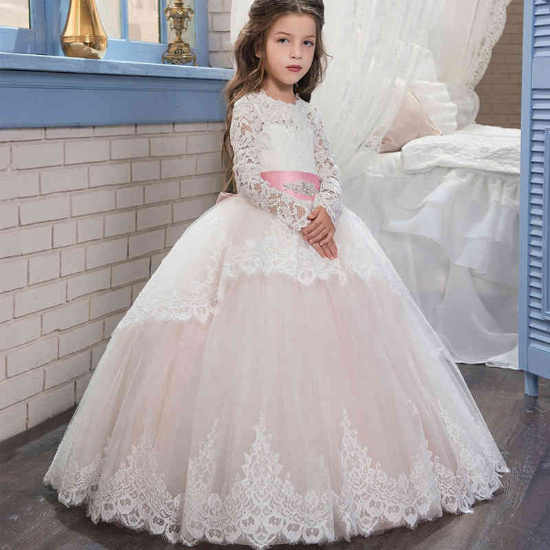 

Girl's Teenager Pink White Bridesmaid For Girls Children Long Sleeve Lace Princess Backless Party Wedding Dress Kids Dresses C0228