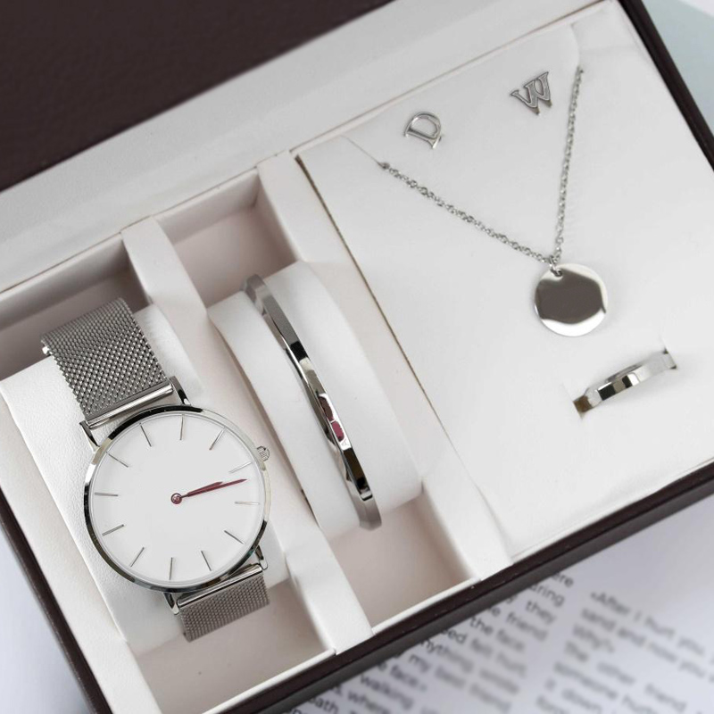 

Fashion Womens Watch Jewelry Sets Ring Bracelet Necklace Earrings Top Quality Full Stainless Steel Quartz Logo Designer Lady Watches Gift Wristwatches, Black