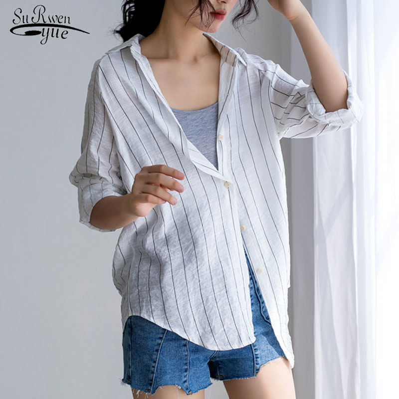 Blusas Mujer Long Manche à manches féminines 19 Cascater White Striped Women Shirt Cardigan Cold-Down Collar Female Blouses 5257 50 210508