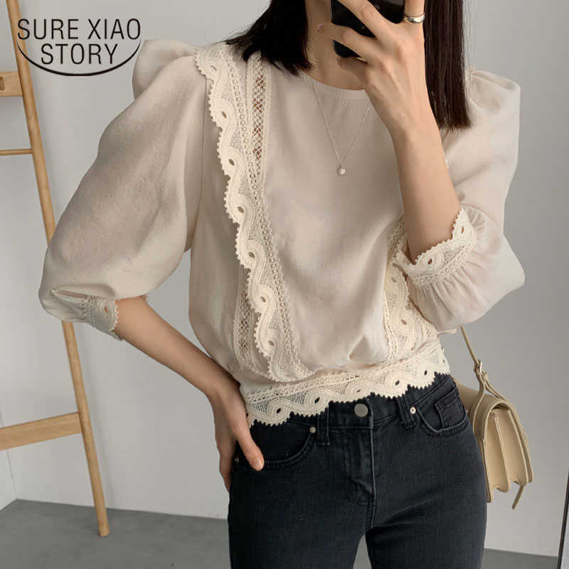 

Spring Summer Fashion Short Sleeve Women Shirt Women Blouses and Tops Slim Fit Lace White Blouse Blusas Mujer De Moda 9600 210527, Beige