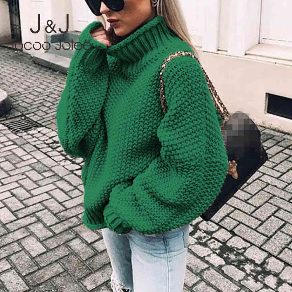 

Jocoo Jolee Women Casual Turtleneck Loose Sweater Warm Thick Korean Twist Knitted Pullover Vintage Solid Jumper Female Tops 210518, Green