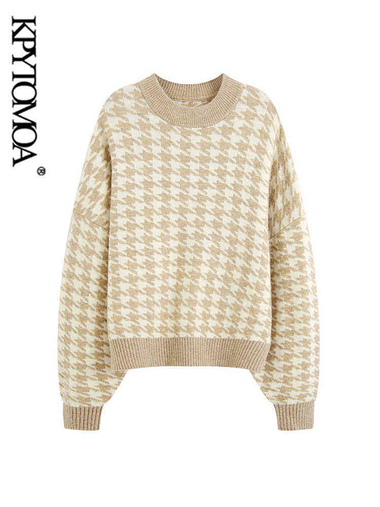 

KPYTOMOA Women 2021 Fashion Oversized Jumper Houndstooth Knitted Sweaters Vintage Long Sleeve Loose Female Pullovers Chic Tops Y1110, As picture