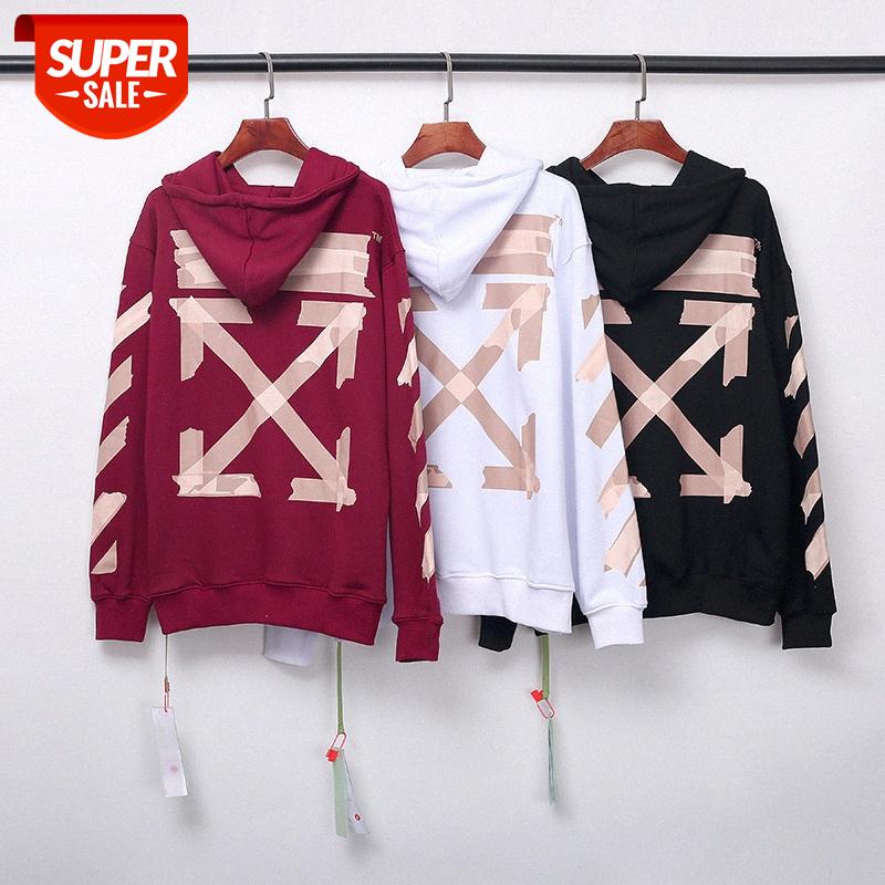 

ssOFF OW tape arrow printing terry hooded wine red sweater men and women couple hoodie jacket #IR3z, Black
