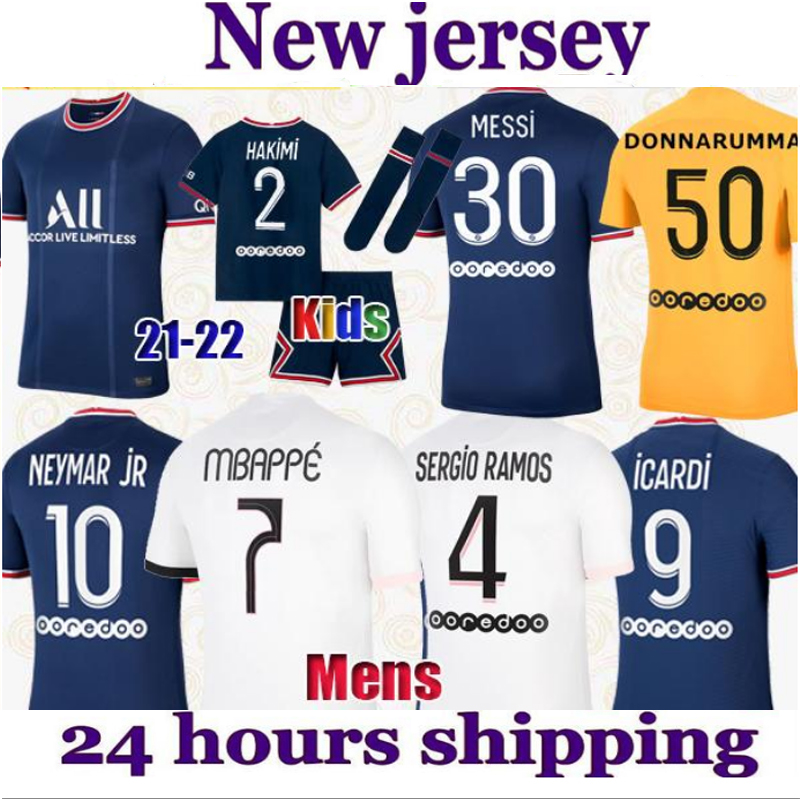 

new MESSI MBAPPE HAKIMI SERGIO RAMOS WIJNALDUM soccer jersey 21 22 Maillots football shirt 2021 2022 MARQUINHOS men + kids kit uniform enfants maillot de foot, Home