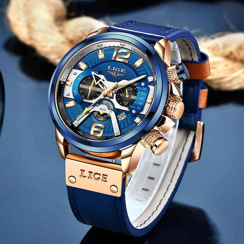 

LIGE Men Watches Top Brand Luxury Blue Leather Chronograph Sport Watch For Mens Fashion Date Waterproof Clocks Reloj Hombre 210517, Full black