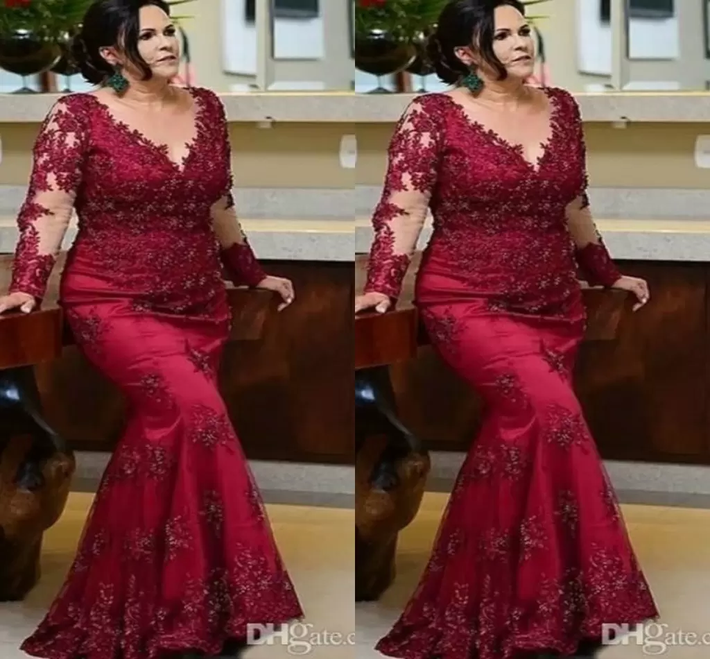 

Dark Red Plus Size Evening Dresses Mermaid Lace Applique Scoop Neck Long Sleeves Custom Made Tulle Beaded Floor Length Prom Party Gown 2022 Designer