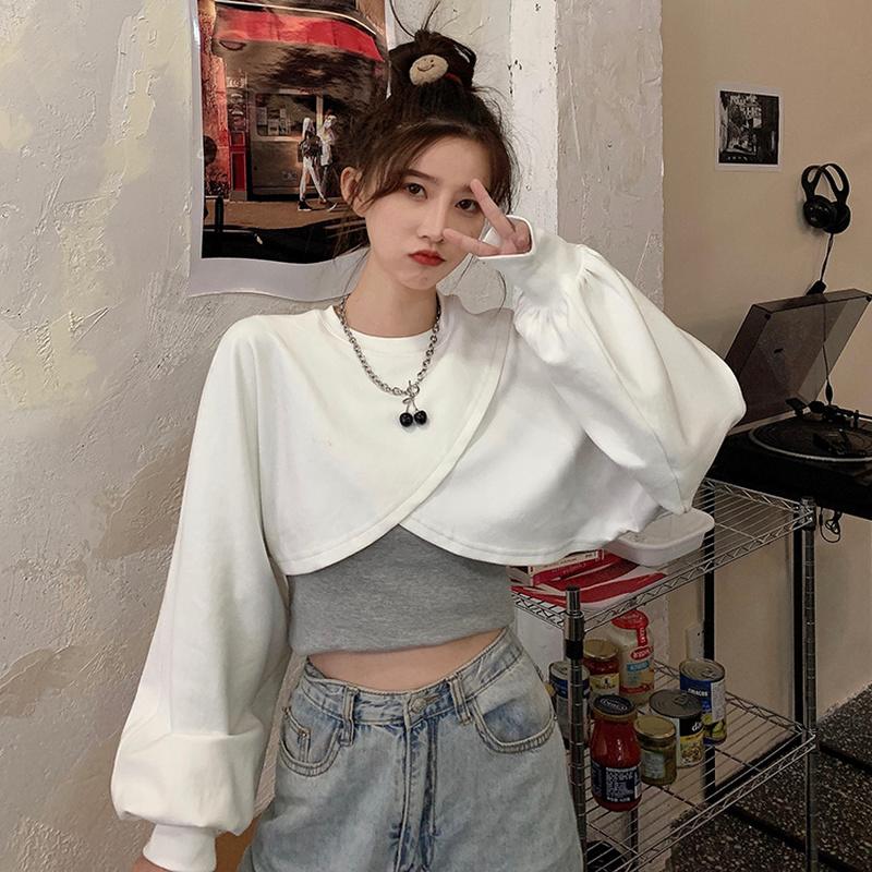 

Women's Hoodies & Sweatshirts Fashion Chic Cropped Women 2021 Solid All Match Irregular Smock Hoodie Fall Long Sleeve O-neck Autumn, Gray