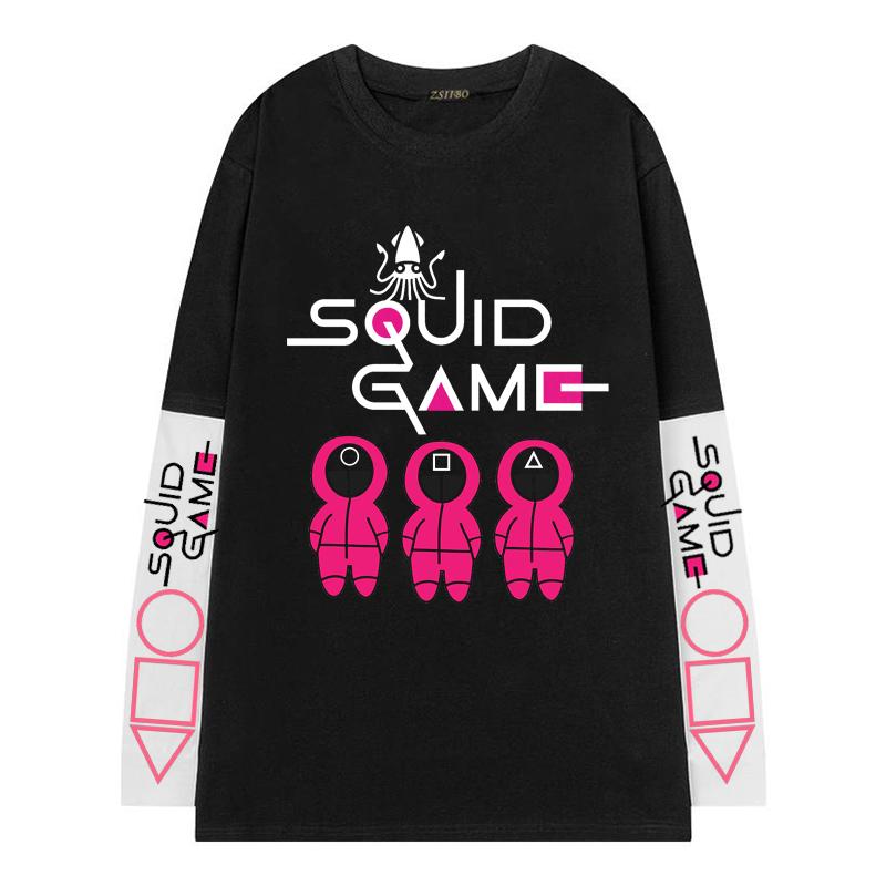 

men's t-shirts korean tv squid game t shirt men kawaii cartoon summer fake two tees harajuku fashion style t-shirt male, White;black