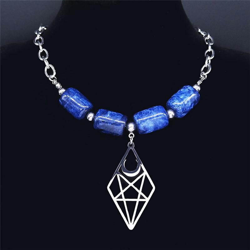 

Pendant Necklaces Satan Inverted Pentagram Moon Blue Natural Stone Stainless Steel Necklace Silver Color Chocker Jewelry Cxollar NXS04