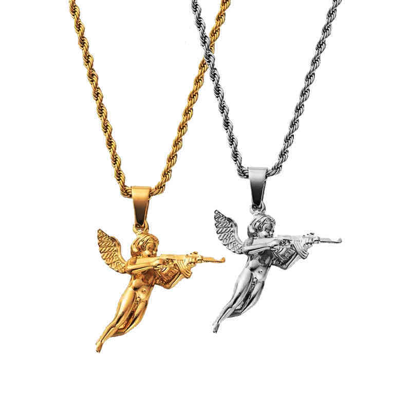 

hiphops Men Jewelry Cupids Revenge Angel Pendant 18k Gold Rope Chain 316L Stainls Steel 3D Angel with Gun Necklace