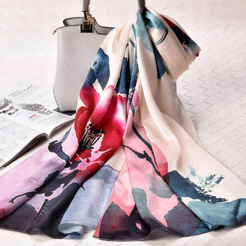 

100% Pure Women Luxury Brand Natural Real Silk Long Scarf Shawls and Wraps Bufandas Printed Headscarf Foulard Femme
