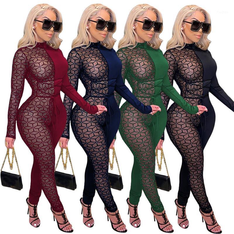 

Women's Jumpsuits & Rompers Fashion Sheer Mesh Patchwork Women Sexy Lace Up Jumpsuit Turtleneck Long Sleeve One Piece Overall Night Club Par, Black;white