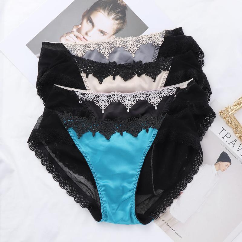 

Women's Panties Sumptuous Lingerie Sexy Women Lace Low-rise Solid Briefs Ladies Underwear Hollow Out Tempting Satin Net, Black