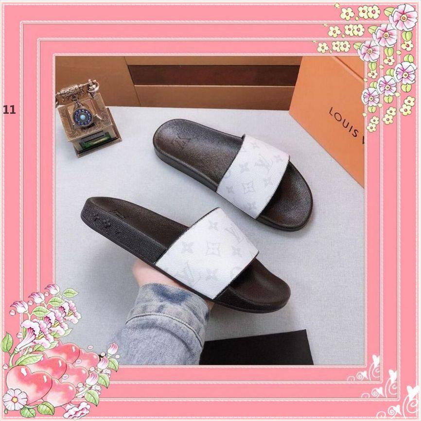 

44-9 original LOUIS shoes VITTON fashion Beach Slide Sandals male female flower blooms print leather Slippers EUR:35-45 a88, Black