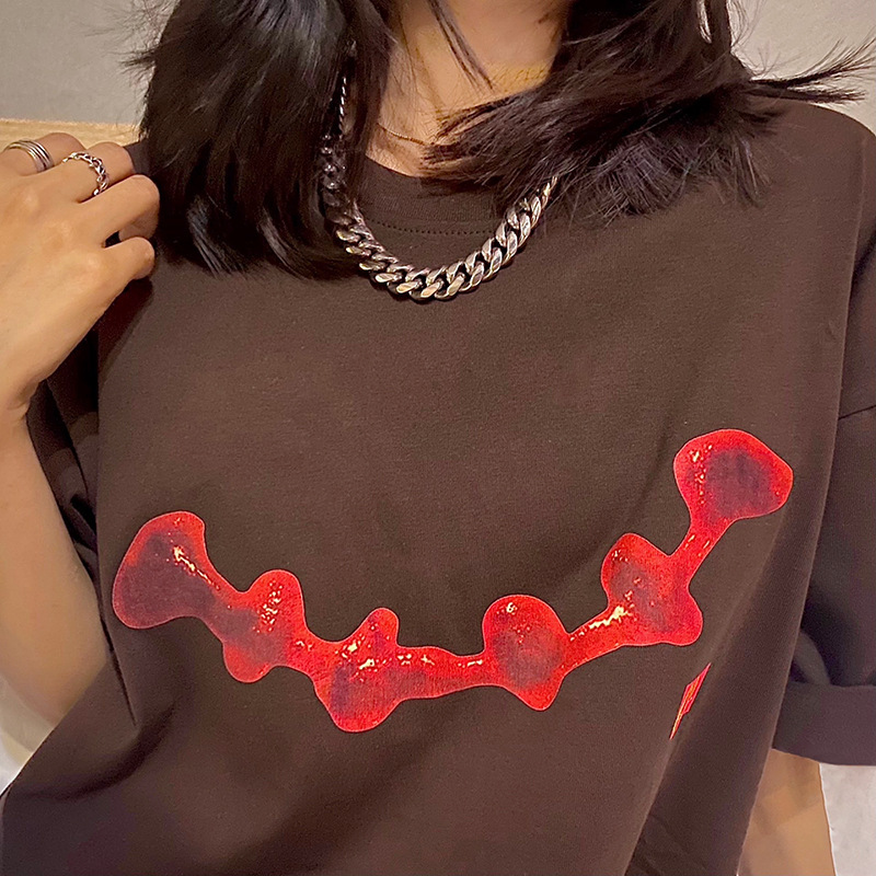 

Travis Scott cactus Jack fashion m-story co branded smiley face tomato sauce printed short sleeve T-shirt for men KC3E, White;black