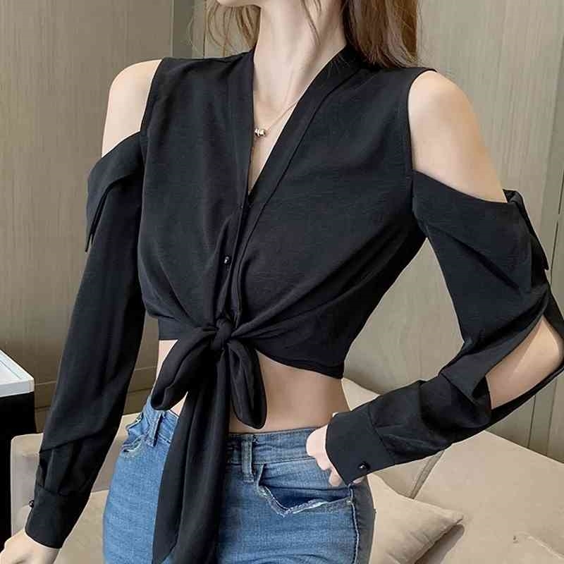 

Blouse Women Blusas Mujer De Moda Off Shoulder Top Long Sleeve V-neck Black Chiffon Blouse Shirt Women Blouses Tops D500 210602