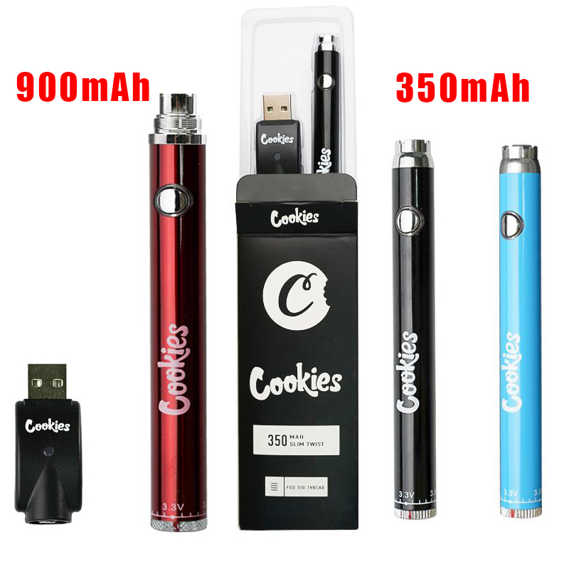 

Cookies Vape Pen Battery 350 900 mAh Preheat VV Slim Twist 510 Thread Dab Thick Oil Cartridge Blister Packaging Bottom Spinner Adjustable For Wax Atomizers