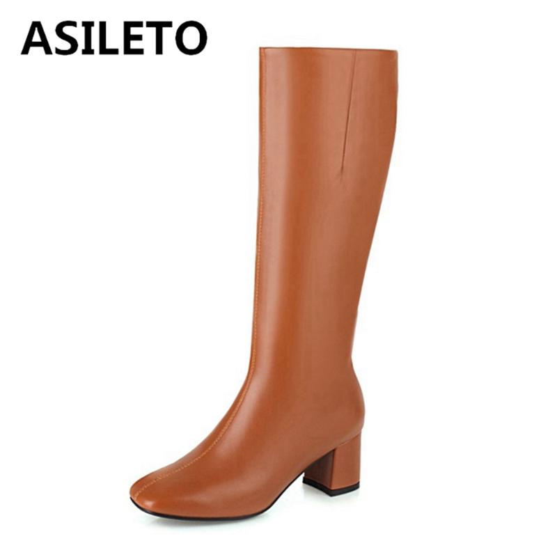 

Boots ASILETO 2021 Ladies Knee High Sexy Zip Short Plush Square Toe 6CM Block Heel Size 31-49 Black Silver Apricot Brown A4438