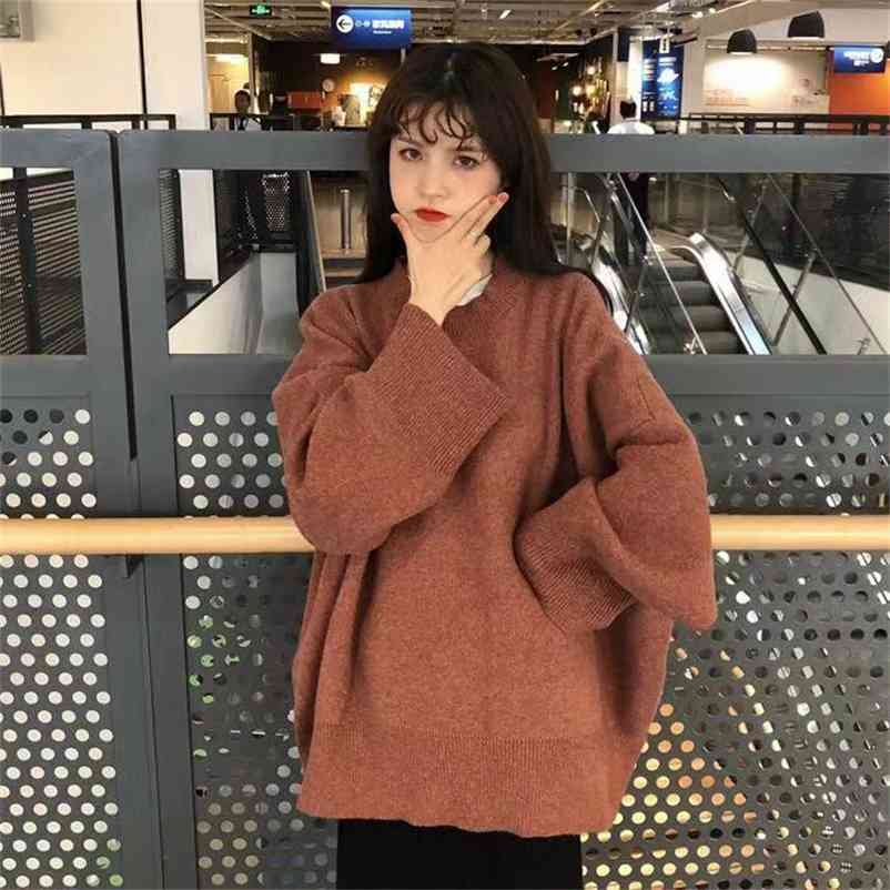 

Autumn Winter Women Knitted O-neck Ladies Split Loose Sweater Female Student Korean Long Sleeve Mid Solid Pullover 210519, Apricot