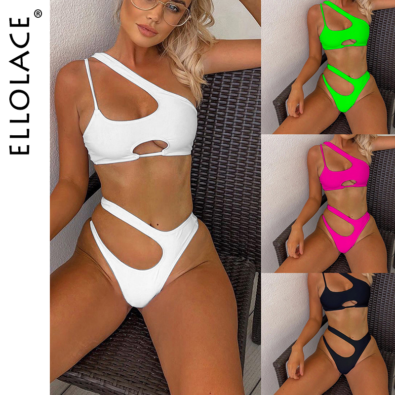 

Ellolace Sexy Neon Bikini Swimsuit Women Hollow Out Push Up Bikini Set Female Swimwear Monokini Bathing Suit Summer Beach Wear, Black