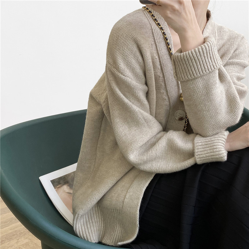 

Autumn Simple Oversize Solid Color One Button Cardigan Women Basic Casual All Match Sweater Top Female For Fashionable 210520, Beige