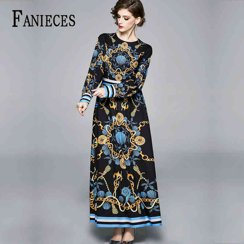 

Retro Button T-shirt Chic A-Line Dress black Runway Long Sleeve Maxi Dresses Women's Print Vintage Work Lady ropa mujer femme 210520