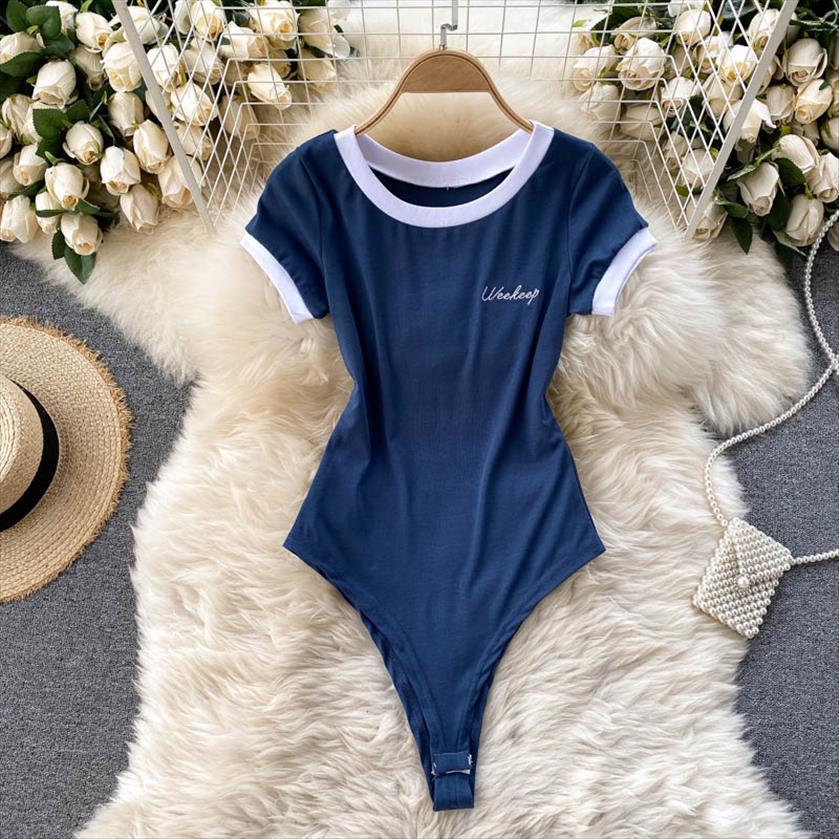 

short sleeve knitted skinny bodysuit womens jumpsuits summer fashion color block letters embroidery o neck slim body jumpsuit, Black;white