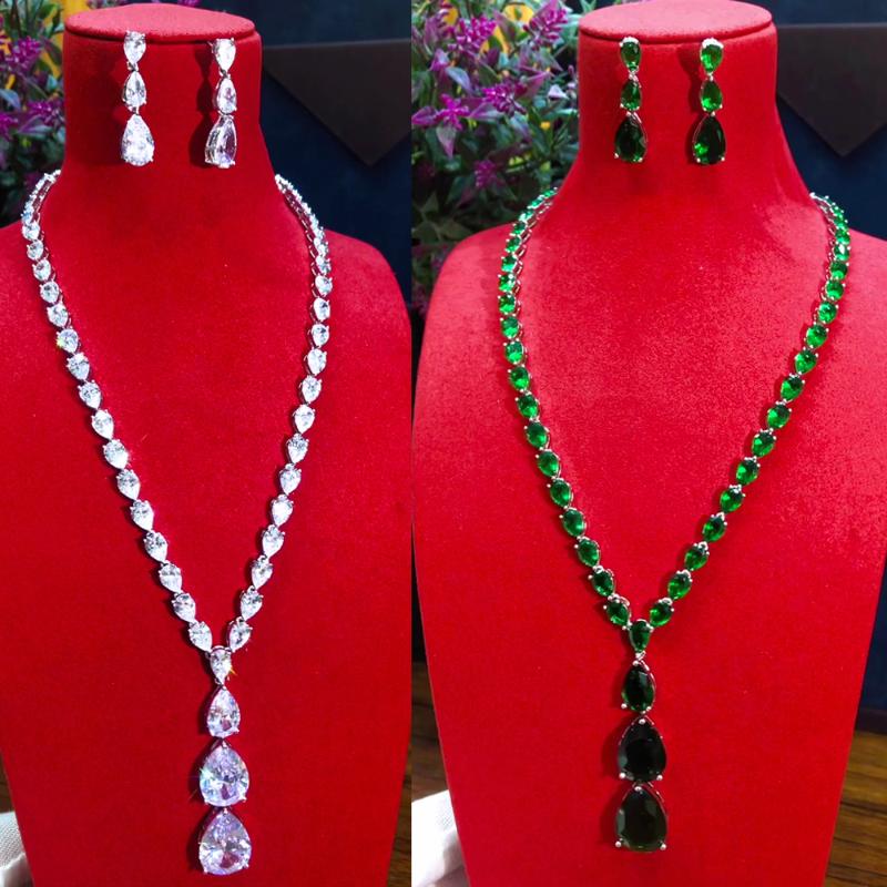

Earrings & Necklace Missvikki Gorgeous Shiny Waterdrop Green Crystal Jewelry Sets For Women Statement, Silver