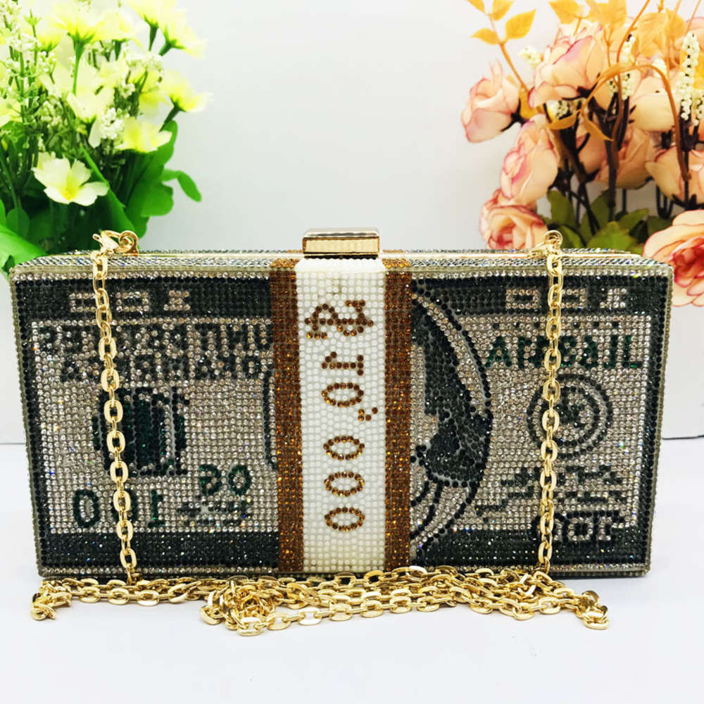 

2021DesignerLuxury $100 Dollars Crystal Clutch Evening Crystals Bling Bag Rhinestone Money Purse
