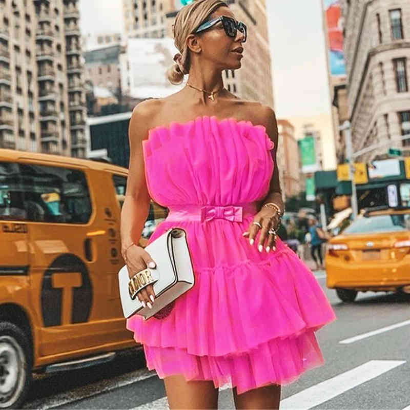 

Mesh Strapless Lace Up Bandage Dress Fashion Ball Gown Club Party Dresses Women Summer Bow Sexy Vestidos MH464 210525, Pink