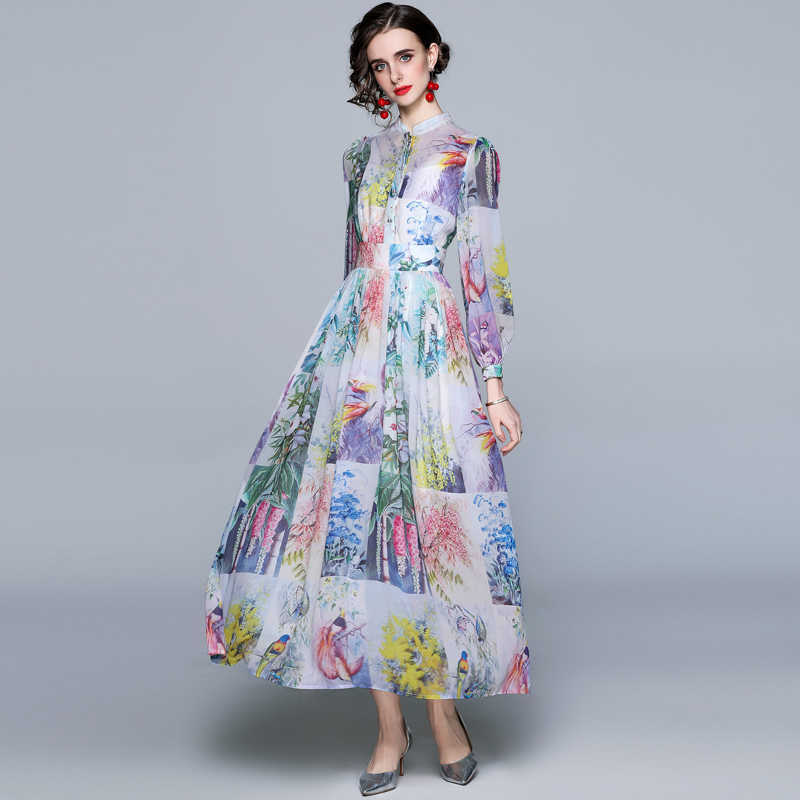 

Women Summer Designer Elegant Foral Printed Shirt Dress Long Sleeve Casual Party Robe Ladies Vintage Chiffon Maxi Dress Vestidos 210525, Lavender