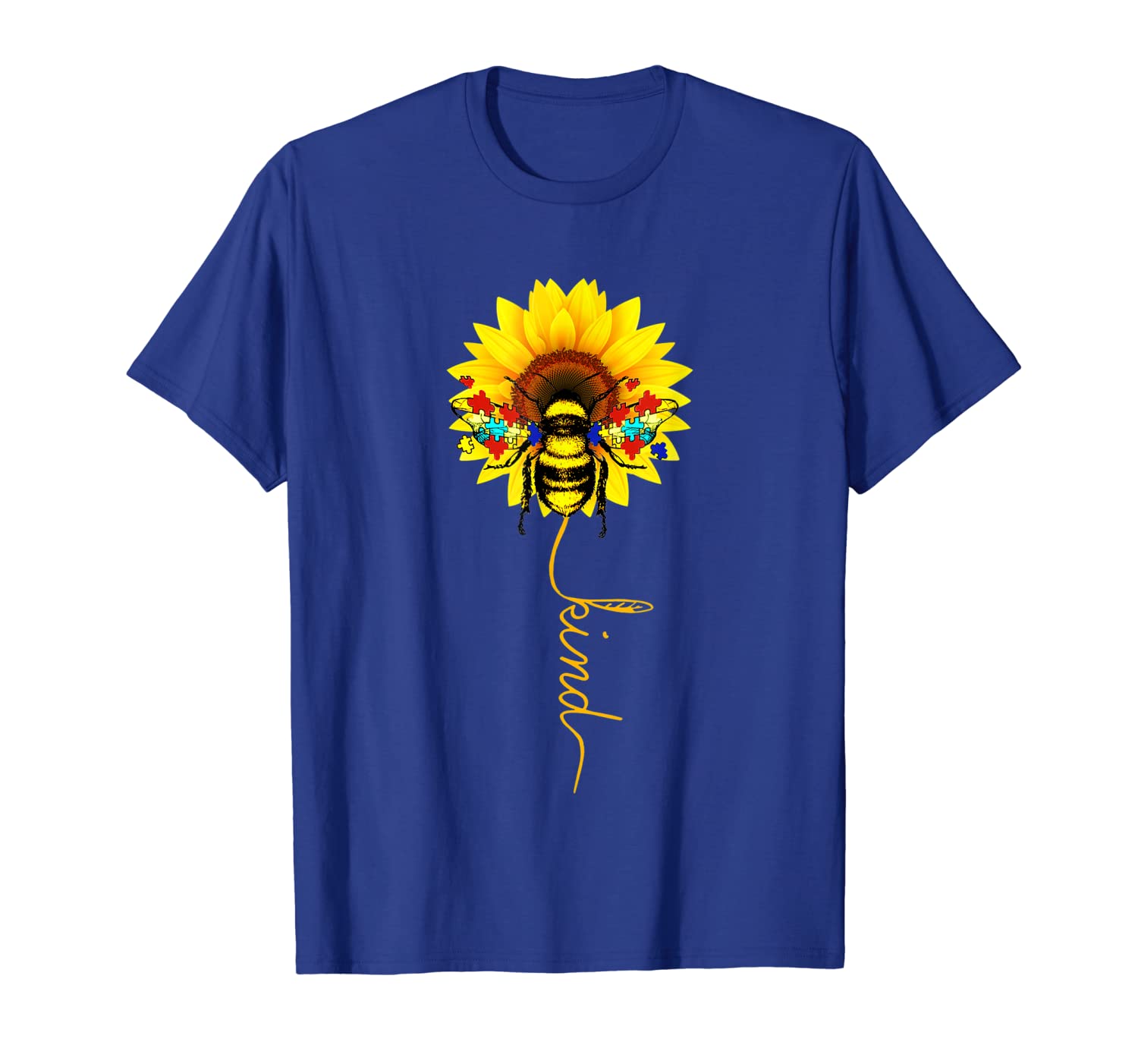 

autism awareness bee kind sunflower puzzle pieces t shirt, White;black
