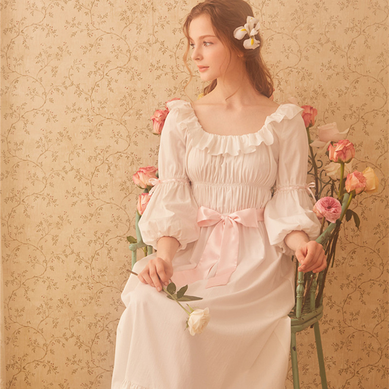 Women&#039;s Sleepwear Cotton Nightgown Women Royal Vintage Casual Ladies Night Gows White D NDDF-image-695601980