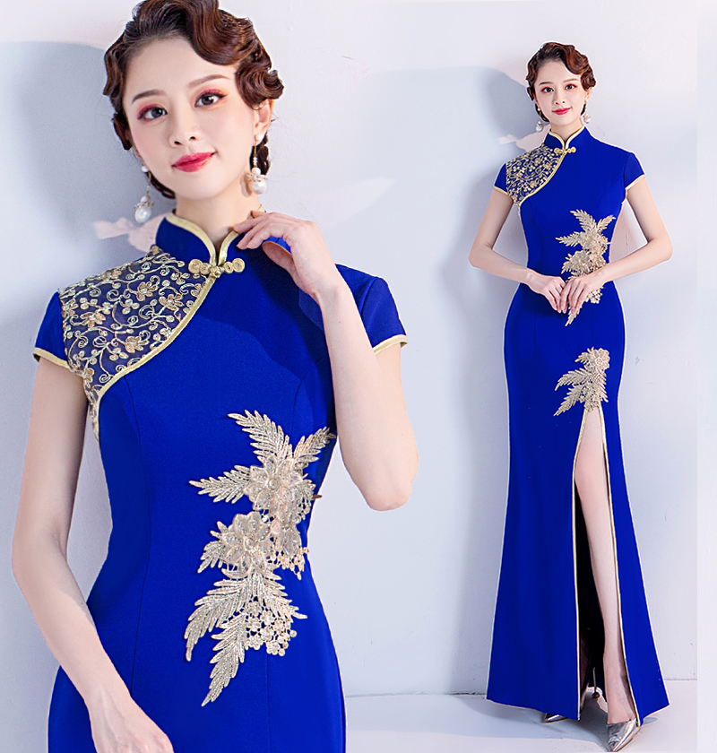 

Blue Classic Thigh-High Slits Cheongsam High Collar Short Capped Sleeves Embroidery Oriental Women Dresses Chinese QIPAO