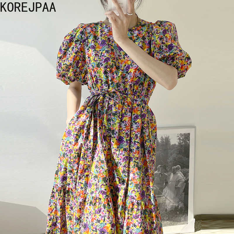 

Korejpaa Women Dress Summer Korea Chic Vintage Elegant Print O Neck Colorful Floral Design Waist Slim Bubble Sleeve Dresses 210526, Green